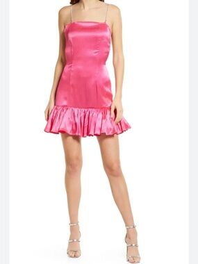 Amylynn Gloria Hot Pink Satin Ruffle-Hem Mini Dress with Rhinestone Straps